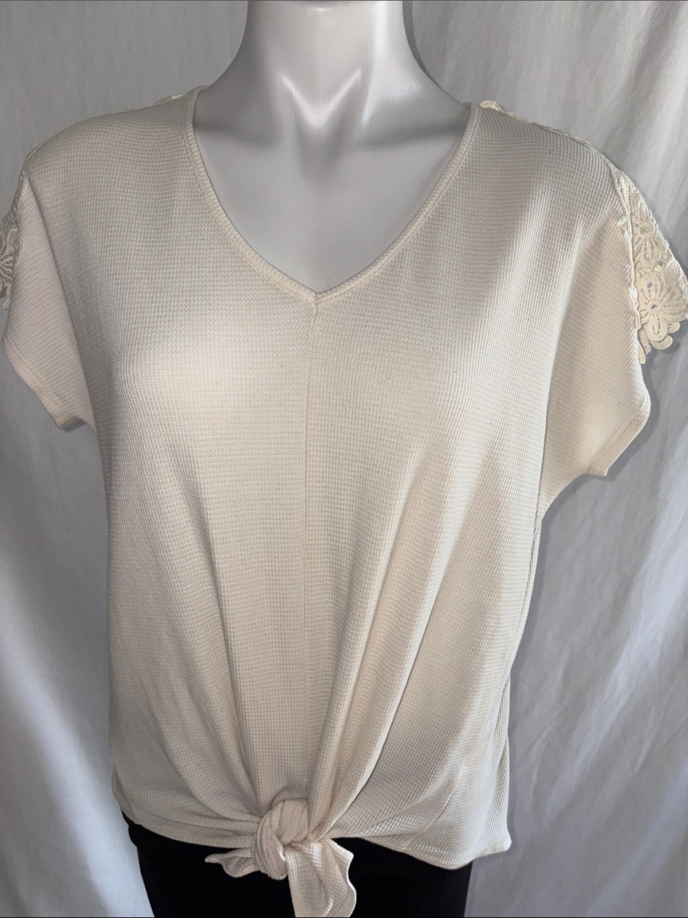 Harper Heritage Cream Short Sleeve V-Neck Tie-Front Top with Lace Trim